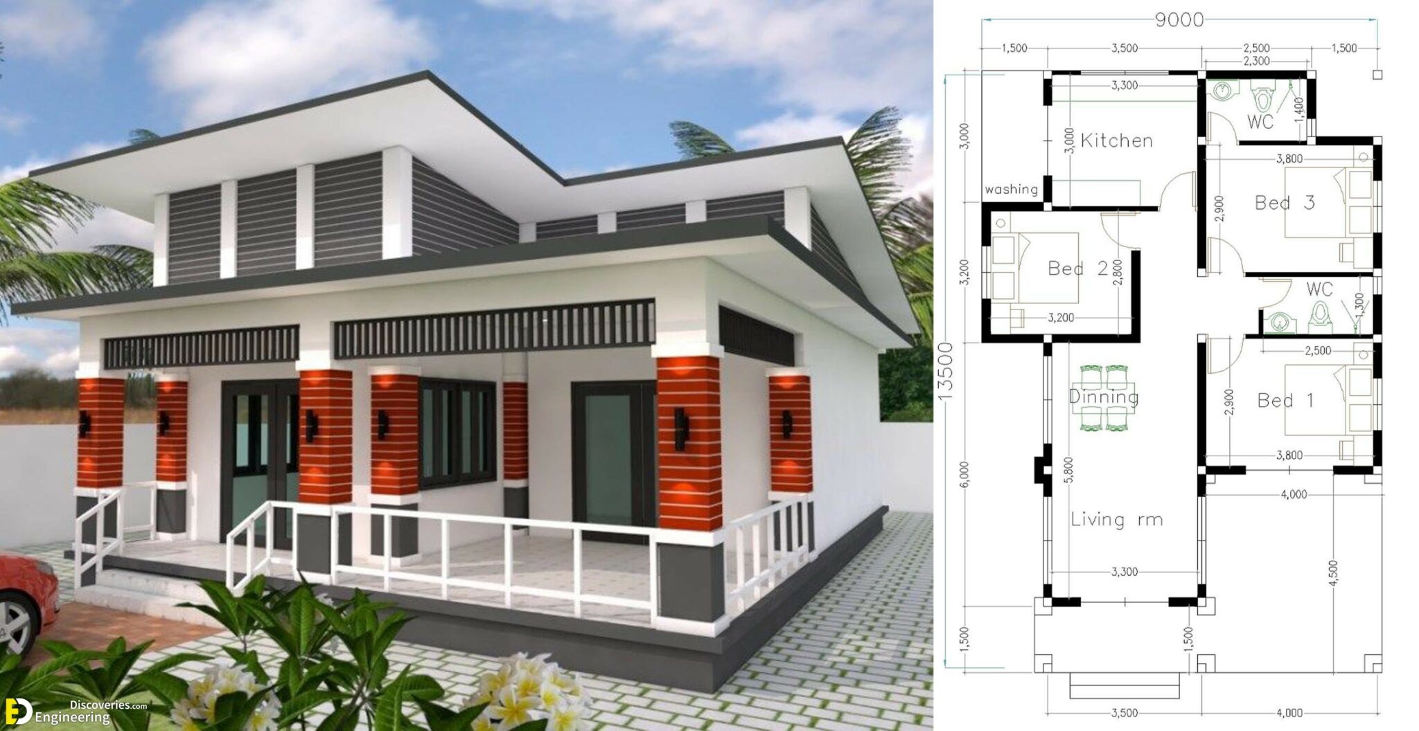 Bungalow House Design 9×13.5 Meter With 3 Bedrooms. - Engineering ...