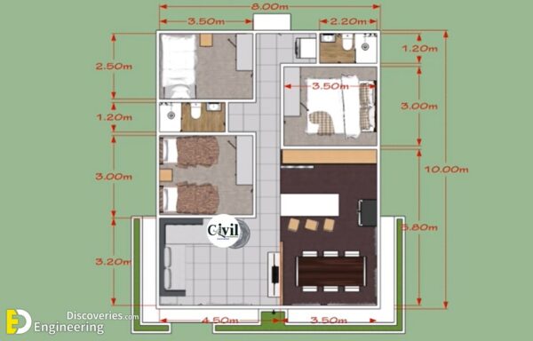 Simple House Design 8mx10m With 3 Bedrooms - Engineering Discoveries