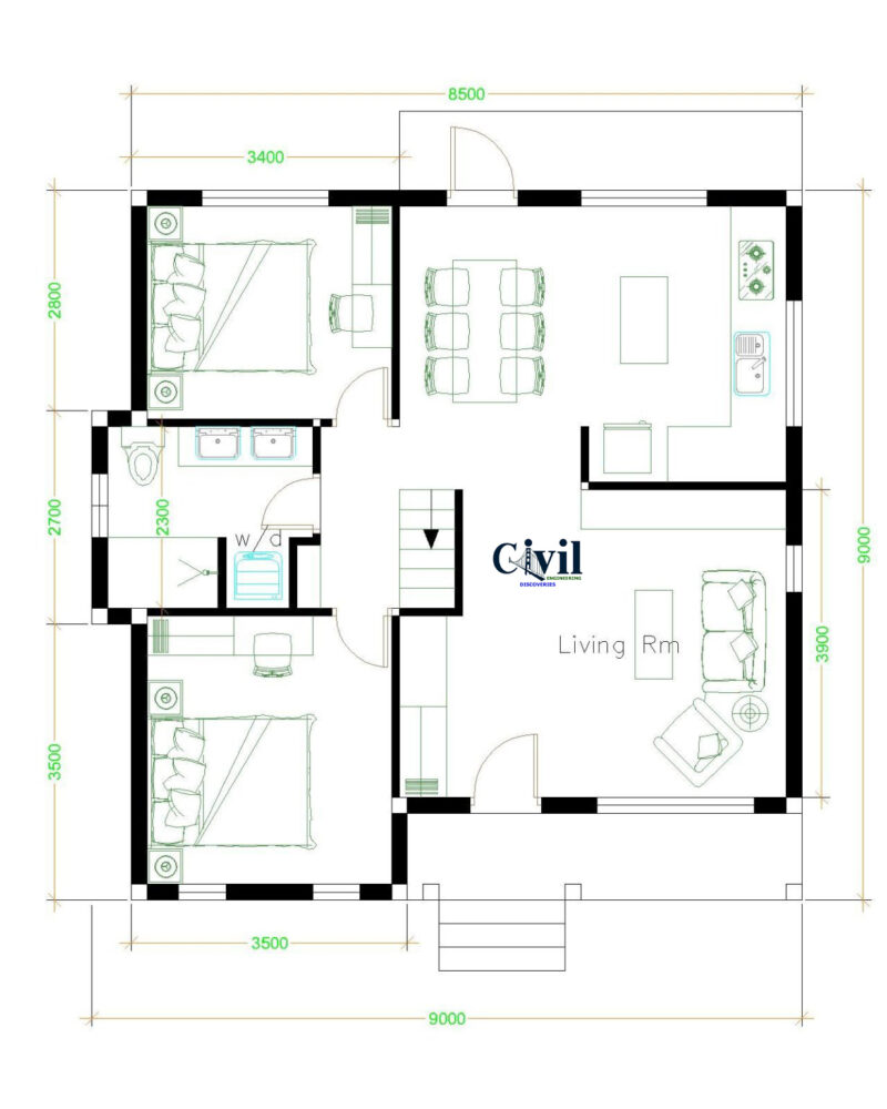 House Plans 9×9 With 2 Bedrooms Gable Roof - Engineering Discoveries